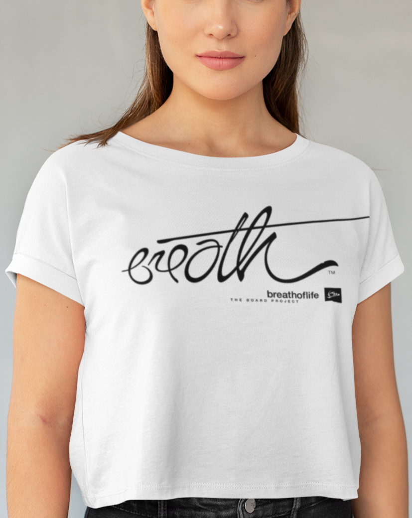 Breathoflife BRTH 1.0 Women crop top is a modest cropped body tee, side seamed, relaxed drape-y fit and inset sleeves. Fabricated with 65%, Poly 35%, Viscose 32%, single 3.7 oz.