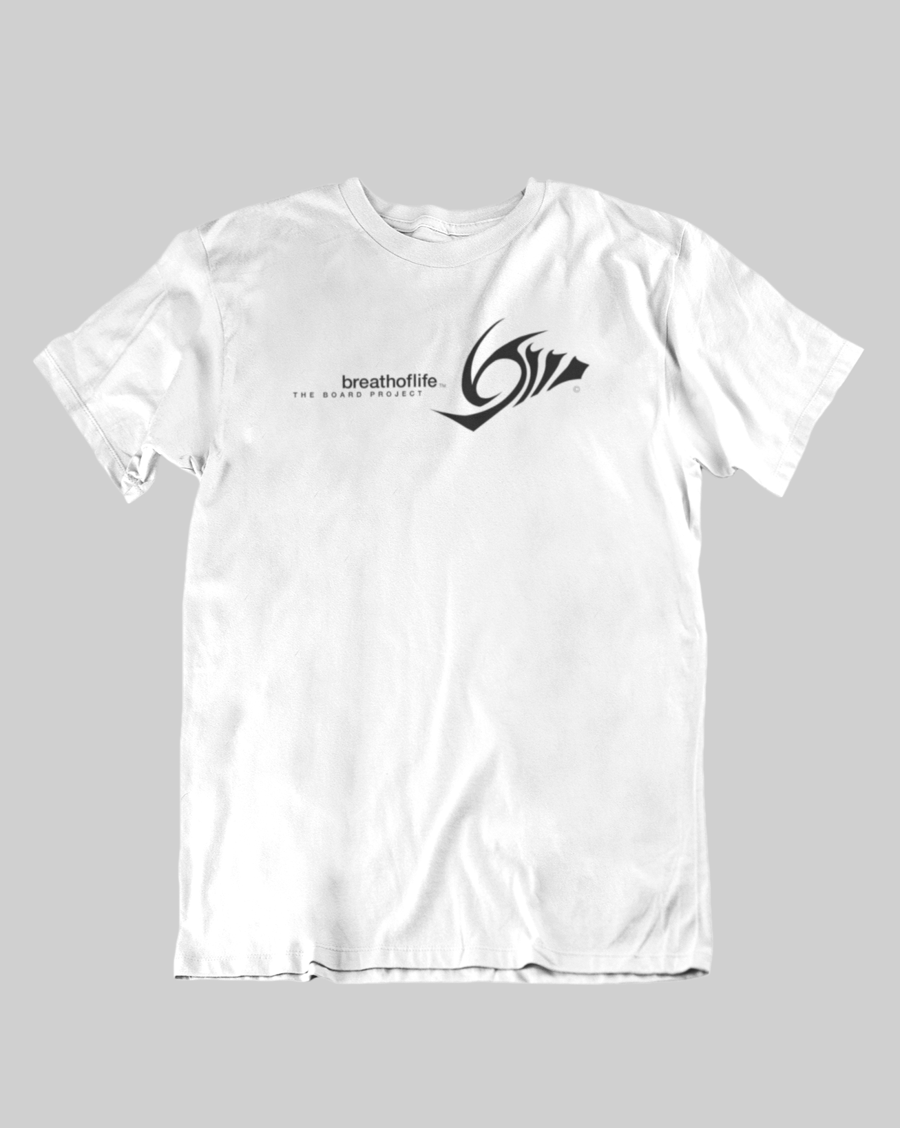 Breathoflife WAVE 1.0 short sleeve tee. Featuring a 4.5 ounce fabric, 100% ring spun preshrunk cotton jersey, seamless collarette, taped neck and shoulders, double needle sleeves and bottom hem and a quarter-turned semi fitted body.