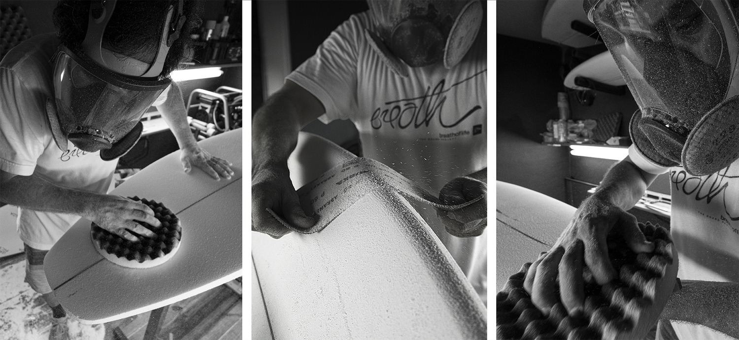 a. Valenzuela shaping a surfboard at Breathoflife's shaping room, Puerto Rico.