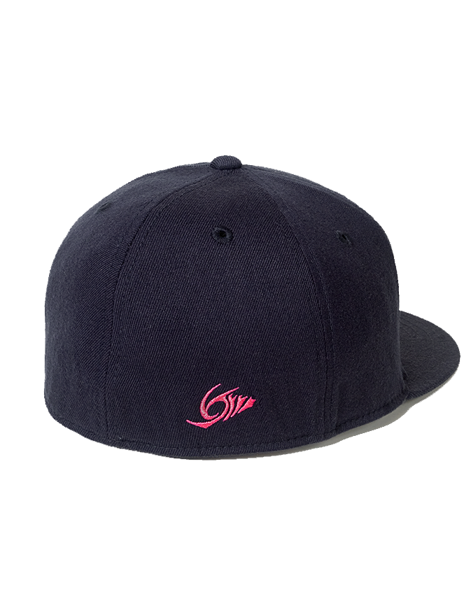 Breathoflife's closed back, stretch fitted cap that features a dark navy premium wool blend fabric, 6 panel structured fit, a 3D brand magenta embroidery on the front, and a small brand's wave logo on the back.