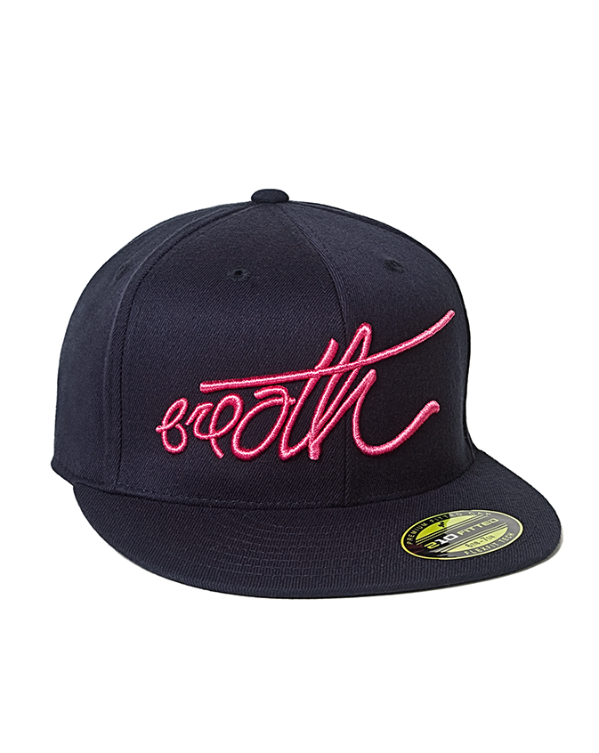 Breathoflife's closed back, stretch fitted cap that features a dark navy premium wool blend fabric, 6 panel structured fit, a 3D brand magenta embroidery on the front, and a small brand's wave logo on the back.